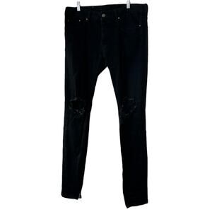 MNML M1 Black Stretch Denim Jean Men's 32x33 Button Fly Zip Hem Distressed
